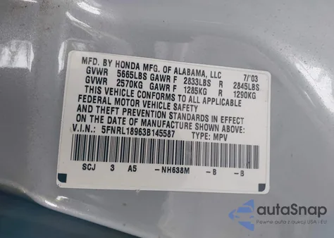 2003 Honda Odyssey Ex-L from USA, damaged, VIN 5FNRL18963B145587